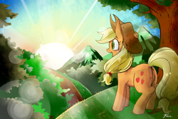 Size: 1500x1000 | Tagged: safe, artist:renokim, imported from derpibooru, applejack, earth pony, pony, crepuscular rays, cute, female, hat, jackabetes, lens flare, open mouth, pixiv, solo, sun, sunrise, tree