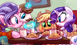 Size: 1280x754 | Tagged: safe, artist:whitediamonds, imported from derpibooru, applejack, cookie crumbles, hondo flanks, rarity, earth pony, pony, unicorn, blushing, clothes, coffee, cookieflanks, double date, fanfic, fanfic art, female, freckles, how far away you roam, lesbian, magic, male, mare, moustache, rarijack, rarijack daily, rarity's parents, shipping, stallion, sweat