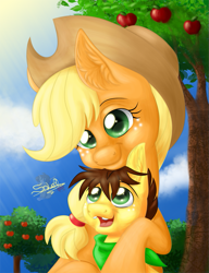 Size: 615x800 | Tagged: safe, artist:unisoleil, imported from derpibooru, applejack, oc, oc:apple fizzy, apple tree, bandana, mother and son, offspring, parent:applejack, parent:unnamed oc, parents:canon x oc, tree