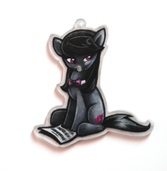 Size: 800x819 | Tagged: dead source, safe, artist:feyrah, imported from derpibooru, octavia melody, earth pony, pony, female, keychain, looking away, looking sideways, necktie, sheet music, sitting, solo, traditional art