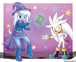 Size: 1761x1433 | Tagged: safe, artist:the-butch-x, imported from derpibooru, trixie, equestria girls, bracelet, crossover, duo, levitation, psychic powers, silver the hedgehog, sonic the hedgehog (series), telekinesis