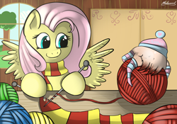 Size: 2000x1400 | Tagged: safe, artist:malamol, imported from derpibooru, fluttershy, clothes, crossover, female, half-life, half-life 2, headcrab, knitting, lamarr, scarf, yarn