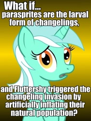 Size: 625x833 | Tagged: safe, imported from derpibooru, lyra heartstrings, parasprite, conspiracy lyra, exploitable meme, image macro, meme, solo