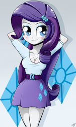 Size: 1256x2080 | Tagged: safe, artist:riouku, imported from derpibooru, rarity, equestria girls, blushing, cleavage, clothes, female, skirt, smiling, solo