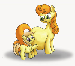 Size: 2051x1808 | Tagged: safe, artist:seenty, imported from derpibooru, carrot top, golden harvest, noi, earth pony, pony, curious, poking, pregnant, raised eyebrow, smiling