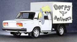Size: 604x331 | Tagged: safe, imported from derpibooru, derpy hooves, pegasus, pony, car, delivery, female, lada, mare, solo