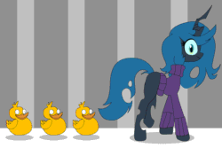 Size: 1200x800 | Tagged: safe, artist:jokerpony, imported from derpibooru, queen chrysalis, duck, ask teen chrysalis, animated, clothes, female, following, frown, looking back, shirt, smiling, sweater, walking, wat, wide eyes