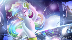 Size: 1680x944 | Tagged: safe, artist:knifeh, imported from derpibooru, oc, oc only, oc:megabyte brony, earth pony, pony, cord, disc jockey, headset, lights, musician