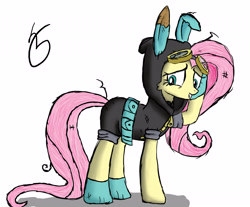 Size: 2300x1900 | Tagged: safe, artist:lethal-doorknob, imported from derpibooru, fluttershy, pegasus, pony, bunny ears, clothes, costume, cute, dangerous mission outfit, female, goggles, hoodie, mare, simple background, smiling, solo, white background