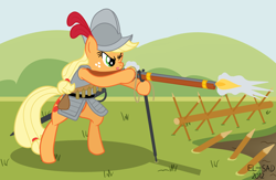 Size: 4000x2600 | Tagged: safe, artist:elsadzonka, imported from derpibooru, applejack, armor, arquebus, arquebusier, female, gun, musket, musketeer, shooting, solo, vector