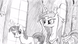 Size: 3840x2160 | Tagged: safe, artist:lethal-doorknob, imported from derpibooru, princess cadance, twilight sparkle, monochrome