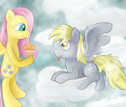 Size: 2000x1700 | Tagged: safe, artist:gusteaureeze, imported from derpibooru, derpy hooves, fluttershy, pegasus, pony, duo, female, mare, muffin, tongue out