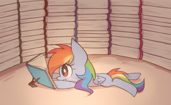 Size: 1300x800 | Tagged: safe, artist:joycall6, imported from derpibooru, rainbow dash, book, book fort, female, lying down, reading, solo, wings