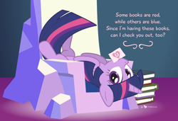 Size: 950x650 | Tagged: safe, artist:dm29, imported from derpibooru, twilight sparkle, alicorn, pony, book, cute, female, mare, mouth hold, on back, solo, song in the comments, throne, twilight sparkle (alicorn), valentine