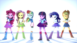 Size: 1920x1080 | Tagged: safe, artist:3d thread, artist:creatorofpony, imported from derpibooru, applejack, fluttershy, pinkie pie, rainbow dash, rarity, twilight sparkle, equestria girls, /mlp/, 3d, 3d model, angry, blender, boots, bracelet, clothes, compression shorts, cowboy hat, denim, denim skirt, hat, high heel boots, humane six, jewelry, jojo pose, mane six, pose, shirt, skirt, stetson, twilight sparkle (alicorn)