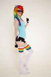 Size: 801x1200 | Tagged: safe, artist:pyrotempertantrum, imported from derpibooru, rainbow dash, human, clothes, cosplay, feet, irl, irl human, photo, socks, thigh highs