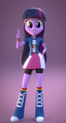 Size: 700x1300 | Tagged: safe, artist:creatorofpony, imported from derpibooru, rainbow dash, twilight sparkle, equestria girls, /mlp/, 3d, 3d model, blender, boots, clothes, female, hand on hip, happy, high heel boots, looking at you, peace sign, rainbow socks, rubber boots, shirt, shoes, shorts, shorts under skirt, skirt, skort, smiling, smiling at you, socks, solo, standing, striped socks, twilight sparkle boots, wristband