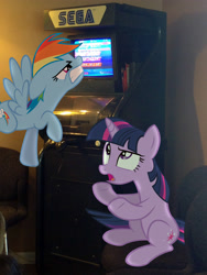 Size: 2448x3264 | Tagged: safe, artist:greenmachine987, artist:thegreenmachine987, artist:uxyd, imported from derpibooru, rainbow dash, twilight sparkle, pegasus, pony, unicorn, angry, arcade, demo kiosk, duo, irl, machine, photo, ponies in real life, sega, sega genesis, sega mega drive, unicorn twilight, vector