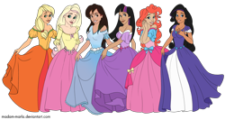 Size: 2816x1500 | Tagged: safe, artist:karmadash, artist:madam-marla, imported from derpibooru, applejack, fluttershy, pinkie pie, rainbow dash, rarity, twilight sparkle, human, disney princess, humanized, lineart re-colour, mane six