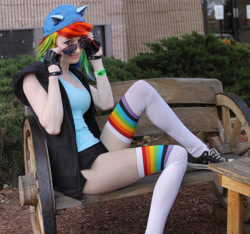 Size: 3820x3570 | Tagged: safe, artist:pyrotempertantrum, imported from derpibooru, rainbow dash, human, clothes, cosplay, irl, irl human, photo, rainbow socks, socks, solo, striped socks, thigh highs