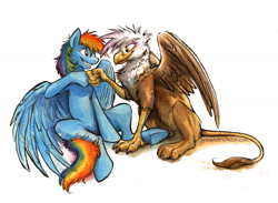 Size: 1187x871 | Tagged: safe, artist:kenket, imported from derpibooru, gilda, rainbow dash, griffon, fist bump, hoofbump, messy mane, simple background, white background