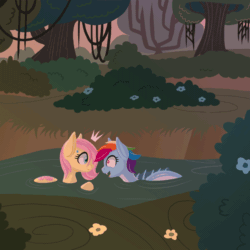 Size: 800x800 | Tagged: safe, artist:couchcrusader, imported from derpibooru, fluttershy, rainbow dash, drider, monster pony, original species, siren, spiderpony, comic:children of everfree, alternate universe, animated, bath, blinking, everfree forest, eye contact, fangs, filly, open mouth, outdoors, sirendash, smiling, species swap, spidershy, surprised, tumblr, wide eyes