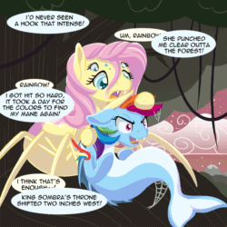 Size: 800x800 | Tagged: safe, artist:couchcrusader, imported from derpibooru, fluttershy, rainbow dash, drider, monster pony, original species, siren, spiderpony, comic:children of everfree, alternate universe, animated, everfree forest, punch, rainbow trout, sirendash, species swap, spidershy, tumblr