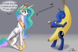 Size: 1280x853 | Tagged: safe, artist:silfoe, imported from derpibooru, princess celestia, princess luna, pony, royal sketchbook, animated, banana, banana costume, banana suit, bipedal, clothes, costume, eyes closed, female, food, food costume, frown, lidded eyes, maracas, music notes, musical instrument, open mouth, peanut butter jelly time, silly, silly pony, sitting, smiling, song reference, unamused