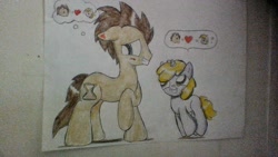Size: 1024x576 | Tagged: safe, artist:crimsion ink, imported from derpibooru, derpy hooves, dinky hooves, doctor whooves, time turner, pegasus, pony, blushing, doctorderpy, fanfic art, female, heart, male, mare, pictogram, shipping, straight, traditional art