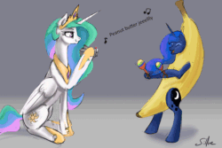 Size: 1280x853 | Tagged: safe, artist:silfoe, imported from derpibooru, princess celestia, princess luna, royal sketchbook, animated, banana, banana costume, banana suit, clothes, costume, cute, female, food, food costume, lunabetes, peanut butter jelly time, recording