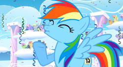 Size: 1099x597 | Tagged: safe, imported from derpibooru, screencap, derpy hooves, dizzy twister, endless clouds, high spirits, lightning bolt, merry may, orange swirl, rainbow dash, rainbowshine, sassaflash, white lightning, wing wishes, pegasus, pony, season 1, sonic rainboom (episode), background pony audience, cloudiseum, confetti, eyes closed, female, mare, raised hoof, solo focus, streamers