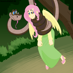 Size: 900x900 | Tagged: safe, artist:tralalayla, imported from derpibooru, fluttershy, human, snake, clothes, coils, crossover, humanized, hypnosis, hypnotized, imminent vore, kaa, kaa eyes, long skirt, mind control, peril, shoes, skirt, winged humanization