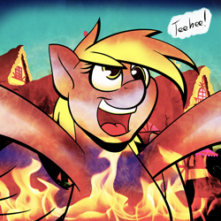 Size: 1000x1000 | Tagged: safe, artist:acesential, deleted from derpibooru, imported from derpibooru, derpy hooves, pegasus, pony, burning, dark comedy, female, fire, mare, ponyville, pure unfiltered evil, pyromaniac, solo