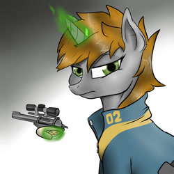 Size: 894x894 | Tagged: safe, artist:slouping, imported from derpibooru, oc, oc only, oc:littlepip, pony, unicorn, fallout equestria, clothes, fanfic, fanfic art, female, glowing horn, gradient background, gun, handgun, horn, jumpsuit, levitation, little macintosh, looking at you, magic, mare, optical sight, portrait, revolver, simple background, solo, telekinesis, unhappy, vault suit, weapon