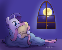 Size: 1000x810 | Tagged: safe, artist:empyu, imported from derpibooru, fluttershy, rarity, pegasus, pony, unicorn, blanket, cuddling, duo, moon, night, snuggling, window