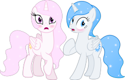 Size: 4000x2557 | Tagged: safe, artist:fuzzybrushy, imported from derpibooru, princess celestia, oc, oc:white flare, alicorn, pony, alicorn oc, blushing, canon x oc, pink-mane celestia, younger