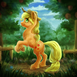 Size: 1000x1000 | Tagged: safe, artist:gor1ck, imported from derpibooru, applejack, apple tree, female, fluffy, freckles, rearing, solo, tree, unshorn fetlocks
