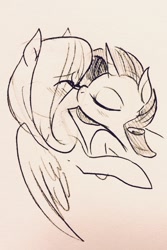 Size: 856x1280 | Tagged: safe, artist:glacierclear, imported from derpibooru, fluttershy, rarity, pegasus, pony, unicorn, duo, eyes closed, female, flarity, kiss on the lips, kissing, lesbian, mare, monochrome, shipping, sketch, traditional art