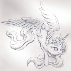 Size: 1024x1024 | Tagged: safe, artist:dynamiclines, imported from derpibooru, princess celestia, female, grayscale, monochrome, simple background, solo, spread wings, traditional art