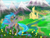 Size: 1600x1200 | Tagged: safe, artist:cathykitcat, imported from derpibooru, queen chrysalis, female, flower, hive, mountain, raised hoof, river, smiling, solo
