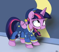 Size: 1500x1323 | Tagged: dead source, safe, artist:mistydash, imported from derpibooru, twilight sparkle, alicorn, pony, age regression, clothes, female, folded wings, hat, looking up, mare, nightcap, nose wrinkle, onesie, pajamas, solo, twilight sparkle (alicorn)