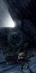 Size: 590x1177 | Tagged: safe, artist:koviry, imported from derpibooru, oc, oc only, oc:sandy vain, pony, unicorn, blizzard, locomotive, night, snow, snowfall, solo, steam locomotive, steam train, train, winter