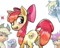 Size: 600x483 | Tagged: safe, artist:s08080, imported from derpibooru, apple bloom, applejack, derpy hooves, scootaloo, sweetie belle, pegasus, pony, appul, butt, cutie mark, cutie mark crusaders, dishonorapple, female, mare, meme, pictogram, plot, squint, squintjack, sweetie derelle, thought bubble, wat, x