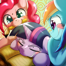 Size: 1000x1000 | Tagged: safe, artist:ushiro no kukan, imported from derpibooru, pinkie pie, rainbow dash, twilight sparkle, cute, diapinkes, face doodle, laughing, prank, sleeping