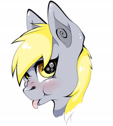 Size: 1935x2167 | Tagged: safe, artist:red-soulfire, imported from derpibooru, derpy hooves, pegasus, pony, blushing, bust, female, mare, nose wrinkle, portrait, scrunchy face, simple background, solo, tongue out, white background