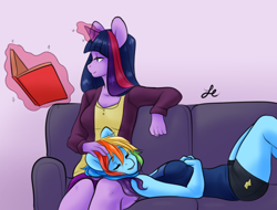 Size: 658x500 | Tagged: safe, artist:ambris, artist:lolopan, imported from derpibooru, rainbow dash, twilight sparkle, anthro, unicorn, blouse, book, breasts, clothes, couch, eyes closed, female, glowing horn, head pat, horn, lesbian, magic, mare, pat, petting, reading, shipping, shorts, sleeping, smiling, telekinesis, twidash