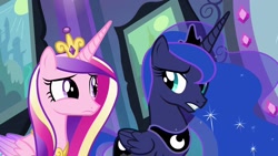 Size: 1920x1080 | Tagged: safe, imported from derpibooru, screencap, princess cadance, princess luna, alicorn, pony, equestria girls, aunt and niece, duo, female, jewelry, magic mirror, mirror, regalia, tiara