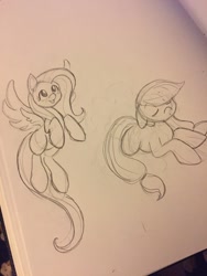 Size: 960x1280 | Tagged: safe, artist:professorsly, imported from derpibooru, applejack, fluttershy, monochrome, sketch, traditional art