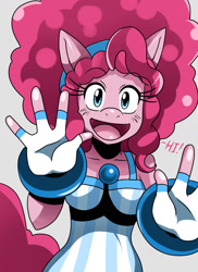 Size: 1244x1708 | Tagged: safe, artist:ss2sonic, imported from derpibooru, pinkie pie, anthro, afro, alternate hairstyle, bracelet, breasts, busty pinkie pie, clothes, female, fingerless gloves, four fingers, gloves, headband, older