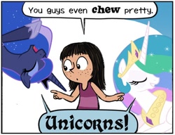 Size: 424x326 | Tagged: safe, deleted from derpibooru, edit, imported from derpibooru, princess celestia, princess luna, pony, unicorn, catchphrase, marigold heavenly nostrils, phoebe, phoebe and her unicorn